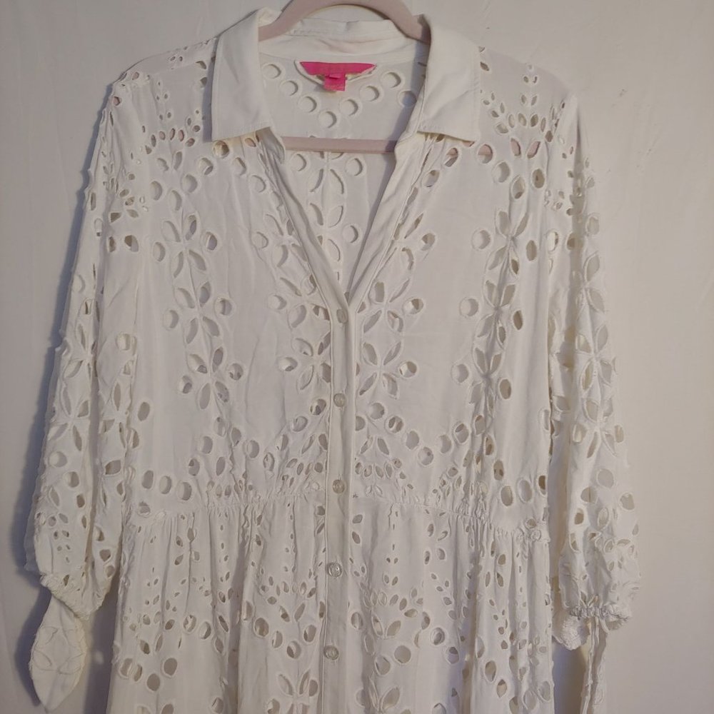 Lilly Pulitzer White Amrita Eyelet Midi Button Down Dress Size 10 - Picture 2 of 16